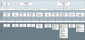 Diagnósticos finales del comité multidisciplinar en base a las imágenes radiológicas, clasificadas según las recomendaciones de las guías de la ATS/ERS de la fibrosis pulmonar idiopática en neumonía intersticial usual (NIU), posible NIU e inconsistente con NIU, y los resultados anatomopatológicos de las muestras realizadas con criobiopsia. AP: anatomía patológica; DMD: diagnóstico del comité multidisciplinar; EAS: enfermedad autoinmune sistémica; EPID: enfermedad pulmonar intersticial difusa; FPI: fibrosis pulmonar idiopática; LAM: linfangioleiomiomatosis; NH: neumonitis por hipersensibilidad; NIL: neumonía intersticial linfocitaria; NINE: neumonía intersticial no específica; NIU: neumonía intersticial usual; NO: neumonía organizativa; TACAR: tomografía computarizada de alta resolución. * Por las imágenes radiológicas, la sospecha diagnóstica era de NO. ** El diagnóstico final de metaplasia peribronquiolar se realizó mediante BPQ.