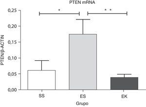 Expresión relativa del mRNA del antagonista (Pten) de la vía de Akt en el tejido pulmonar completo. El nivel de expresión de Pten mostró una inducción significativa en los pulmones expuestos a elastasa, a diferencia del grupo de tratamiento. En el grupo de tratamiento hubo una disminución significativa de los niveles de expresión de Pten, con unos resultados comparables a los del grupo de control. Los niveles de mRNA de los genes diana se determinaron con los valores relativos respecto al gen de referencia endógeno de la actina β según la fórmula de 2 elevado a la potencia de delta del umbral de ciclo (2ΔCt), en donde ΔCt=Ct, gen de referencia–Ct, gen diana. Los gráficos indican los valores de media con desviación estándar. Los datos se analizaron mediante la prueba de t para datos no emparejados, con objeto de evaluar el efecto del rHuKGF y la elastasa, respectivamente. EK: elastasa- rHuKGF (grupo de tratamiento); ES: elastasa-solución salina (grupo de enfisema); rHuKGF: factor de crecimiento queratinocítico humano recombinante; SS: solución salina (grupo sano); VEGF: factor de crecimiento endotelial vascular. *p<0,05 y **p ≤ 0,01 frente al respectivo grupo de control.