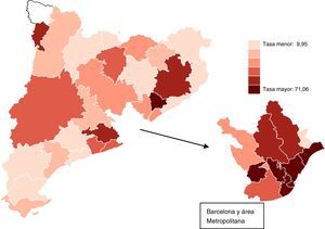 Mapa de tasas estandarizadas de ventilación mecánica a domicilio en mayores de 40 años (2008 a 2011).