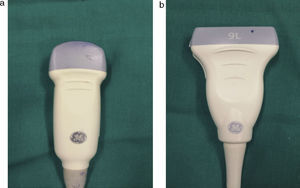 Imágenes del transductor convexo (a) y lineal (b).