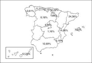 Mapa con las Comunidades Autónomas participantes y porcentaje de pacientes de cada Comunidad.