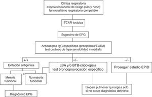 Algoritmo diagnóstico propuesto para la enfermedad del pulmón de granjero (EPG). LBA: lavado broncoalveolar; BTB: biopsia transbronquial. *Mejoría funcional respiratoria >20% de la FVC, FEV1 y/o de la Dlco. Fuente: modificado del algoritmo propuesto para el diagnóstico de NH por Morell et al.28.