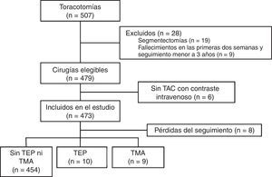 Flujo de pacientes incluidos en el estudio.TAC: tomografía axial computarizada; TEP: tromboembolismo pulmonar; TMA: trombosis del muñón arterial.