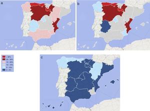 Distribución geográfica de los factores de riesgo adicionales distintos del tabaco, de la exposición laboral y de la exposición a biomasa en la población fumadora. a) Factores de riesgo de EPOC (excluido el tabaco). b) Exposición laboral. c) Exposición a biomasa.
