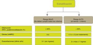 Estratificación del riesgo en pacientes con EPOC. FEV1: volumen espiratorio máximo en el primer segundo.