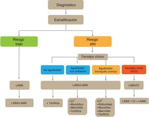 Esquema de tratamiento de la EPOC según nivel de riesgo y fenotipo. CI: corticosteroides inhalados; LABA: agonista β2 adrenérgico de larga duración; LAMA: antimuscarínico de larga duración. *Estas opciones de tratamiento no están en orden de preferencia.