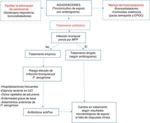 Algoritmo para el manejo de las agudizaciones. antiPsa: antipseudomonas; Atb: antibiótico; EPOC: Enfermedad pulmonar obstructiva crónica; MPP: Microorganismos potencialmente patógenos; UCI: Unidad de Cuidados Intensivos. Para la elección de antibióticos y posología, ver tabla 8.