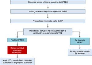 Algoritmo diagnóstico de la hipertensión pulmonar tromboembólica crónica. HAP: hipertensión arterial pulmonar; HP: hipertensión pulmonar; HPTEC: hipertensión pulmonar tromboembólica crónica; TC: tomografía computarizada; V-Q: ventilación-perfusión.
