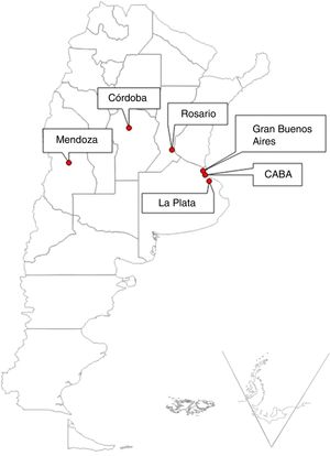 Ubicación geográfica de los aglomerados urbanos seleccionados para el estudio. La Plata (9,8m sobre el nivel del mar [msnm]), Rosario (22,5msnm), Ciudad Autónoma de Buenos Aires-CABA (16msnm), Gran Buenos Aires (Zona Norte, 16msnm), Córdoba (106msnm) y Mendoza (746msnm).