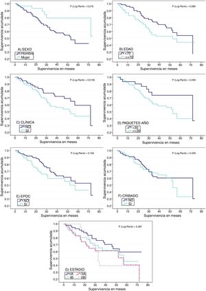 Funciones de supervivencia para: A) sexo, B) edad (mayores o menores de 70 años al diagnóstico), C) presentación de clínica sugestiva de cáncer pulmonar, D) consumo de tabaco en paquetes-año, E) presencia o ausencia de EPOC, F) cumplimiento o no de criterios de cribado de cáncer de pulmón y, G) estadio al diagnóstico.