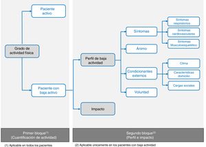 Componentes del cuestionario SAQ-COPD. Primer bloque: destinado a cuantificar el grado de actividad física. Es aplicable a todos los pacientes. Segundo bloque: destinado a evaluar el perfil de baja actividad y el impacto que esta produce sobre el paciente. Únicamente debera ser cumplimentado en los casos de baja actividad.