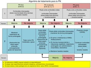 Algoritmo de tratamiento de la rinosinusitis crónica con pólipos nasales. Esquema de diagnóstico, tratamiento y seguimiento de la rinosinusitis crónica con pólipos nasales. AINE: antiinflamatorios no esteroideos; CENS: cirugía endoscópica nasosinusal; EPOC: enfermedad pulmonar obstructiva crónica; EVA: escala visual analógica de gravedad (0-10cm); PN: pólipos nasales. Modificada de Alobid et al.6.