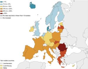 Porcentaje (%) de aislamientos de Pseudomonas aeruginosa con resistencia combinada a al menos 3 grupos de antimicrobianos: piperacilina-tazobactam, ceftazidima, fluoroquinolonas, aminoglucósidos y carbapenemes, por país de la Unión Europea, 2017.Fuente: European Centre for Disease Prevention and Control11.