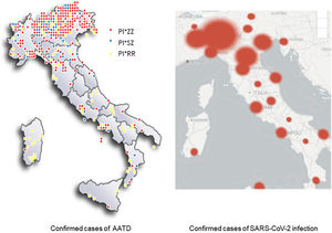 Distribution of confirmed cases of Alpha-1 antitrypsin deficiency and Severe Acute Respiratory Syndrome Coronavirus-2 infection in Italy to 18th April 2020 (AATD=alpha-1 antitrypsin deficiency; SARS-CoV-2=Severe Acute Respiratory Syndrome Coronavirus-2).