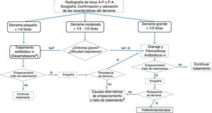 Algoritmo de actuación ante un derrame pleural paraneumónico significativo. a Dexametasona 0,25 mg/kg/6 h durante 2 días, al inicio del tratamiento, puede reducir el tiempo de recuperación en los derrames de pequeño tamaño. b Ante un derrame paraneumónico de tamaño moderado, sin síntomas graves, cabe la opción de administrar únicamente tratamiento antibiótico, al que responderán aproximadamente un 50% de los pacientes, o colocar un drenaje pleural y administrar fibrinolíticos intrapleurales. En caso de no optar por drenaje pleural, cabe la opción de realizar una toracocéntesis diagnóstica. c Empeoramiento o fallo del tratamiento: desarrollo de insuficiencia respiratoria o persistencia de la taquipnea, fiebre, o afectación del estado general a las 48-72 horas de iniciar la antibioterapia (la duración de la fiebre no debe ser el único criterio en los casos de tratamiento antibiótico sin drenaje). d Otras causas de mala evolución pueden ser la presencia de una neumonía necrosante o el desarrollo de un absceso pulmonar.