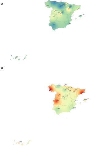 Map of the prevalence of airflow limitation in Spain by Autonomous Community, measured as a fixed ratio in (A) women; and (B) men.