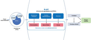 El esquema muestra el concepto del SAE. La presencia de un factor desencadenante sobre un paciente con EPOC (con sus condicionantes sociales y su comorbilidad) provoca la aparición de un síndrome de un SAE, donde el empeoramiento de la disnea es el exponente final de diversos mecanismos biológicos y fisiopatológicos. Consecuencia de la heterogeneidad del cuadro se pueden expresar distintos endotipos biológicos y varias presentaciones fenotípicas susceptibles de recibir tratamientos específicos.