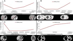 Dynamics of KRAS mutational load in three patients with an initial radiological response followed by disease progression (A–C) and one non-responder patient (D).