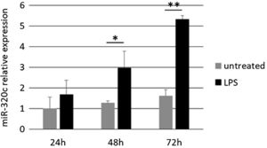 LPS-induced expression of miR-320c in HL60 cells. Relative expression of miR-320c after 24, 48 and 72h of treatment with LPS. Data represent the mean (± SD) of three independent experiments. * p<0.05, ** p<0.005.