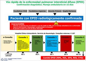 Modelo de vía rápida de las enfermedades pulmonares intersticiales difusas. APA: anatomía patológica; BF: broncofibrobroncoscopia; CHUS: complejo hospitalario universitario de Santiago; CTO: cirugía torácica; EBUS: ultrasonografía endobronquial; ECG: electrocardiograma; EPID: enfermedad pulmonar intersticial difusa; NML: neumología; PFR: pruebas de función respiratoria; RDL: radiología; REU: reumatología; Rx: radiografía; TC AR: tomografía computarizada de alta resolución; VATS: cirugía toracoscópica asistida por video.