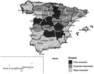 Distribución geográfica de los grupos de diferente evolución de la pandemia.