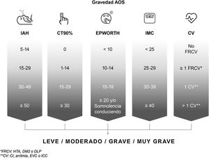 Valoración de la gravedad del paciente con apnea obstructiva del sueño (AOS) en función de distintos parámetros objetivos recomendada por el Documento Internacional de Consenso. CI: cardiopatía isquémica; CT 90%: tiempo acumulado con saturación de oxihemoglobina por debajo del 90%; CV: enfermedad cardiovascular o cerebrovacular; DLP: dislipidemia; DM2: diabetes mellitus tipo 2; EPWORTH: escala de somnolencia de Epworth; EVC: enfermedad vascular cerebral; FRCV: factores de riesgo cardiovascular; HTA: hipertensión arterial; IAH: índice de apnea-hipopnea; ICC: insuficiencia cardíaca congestiva; IMC: índice de masa corporal.