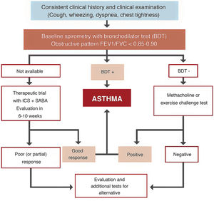 Diagnostic algorithm for asthma in children. Positive bronchodilator test (BDT): FEV1 > 12% increase from baseline.
