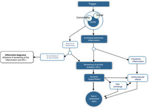 Pathophysiology of COPD exacerbation syndrome. COPD: chronic obstructive pulmonary disease.