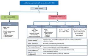 Recommended additional examinations for CES, depending on level of care. CRP: C-reactive protein; CTPA: computed tomography pulmonary angiography; ECG: electrocardiogram; NT-proBNP: N-terminal pro-brain natriuretic peptide; RT-PCR: reverse transcriptase polymerase chain reaction; SaO2: Arterial oxygen saturation