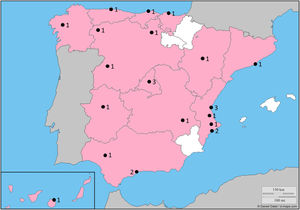 Representatividad por regiones de los hospitales participantes. Este mapa se ha obtenido de https://d-maps.com/carte.php?num_car=2208⟨=es. Estos mapas son modificables, libres para cualquier uso siempre que se cite el URL exacto de donde se ha obtenido el mapa.