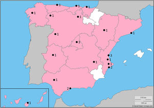Regional representation of participating hospitals. This map was obtained from https://d-maps.com/carte.php?num_car=2208⟨=es. These maps are modifiable and free for any use, provided the exact URL from where the map was obtained is quoted.