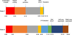 Detailed preservation times in two donors proceeding discharge or transplantation. The total preservation time (from the end of resuscitation until reperfusion of the first lung) of case 2 was 15h and10min.