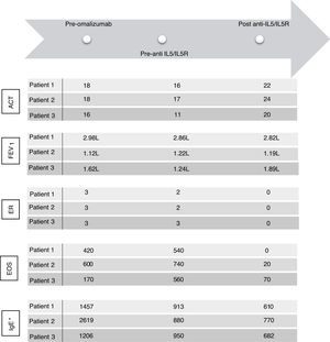 ACT: Asthma Control Test; EOS: eosinophils; FEV1: forced expiratory volume in 1 second; ER: exacerbation rate; IgE: immunoglobulin E (UI/ml)*; IL5: interleukin 5; IL5R: interleukin 5 receptor. FEV1 was calculated in a MasterScreen spirometer (Viasys, Würzburg, Germany) according to ATS/ERS recommendations and GLI reference values for spirometry. * IgE levels measured during treatment with omalizumab concern free and omalizumab-bound IgE.16