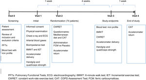 Study flow-chart. PFTs: Pulmonary Functional Tests; ECG: electrocardiography; 6MWT: 6-minute walk test; IET: incremental exercise test; CWRET: constant work-rate exercise test; CAT: COPD Assessment Test; FCM: ferric carboxymaltose.