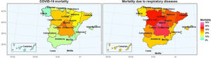 Map of Spain with mortality according to autonomous communities by (a) COVID-19; (b) diseases of the respiratory system.