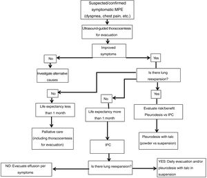Algorithm for the treatment of malignant pleural effusion. IPC, indwelling pleural catheter; MPE, malignant pleural effusion.