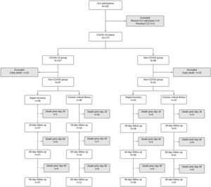 Study flow chart. (a). Inclusion of participants in each stage of follow-up; (b). Outcomes according to exposure groups (COVID-19 and chronic critical illness/rapid recovery).