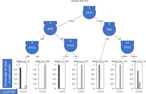 Classification tree of cluster construction. Using two variables, post-bronchodilation FEV1 and the age of the patient, subjects were classified in four clusters.