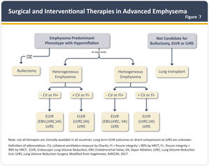 Surgical and interventional therapies in advanced emphysema. Note: not all therapies are available in all countries. Long term ELVR outcomes or direct comparisons to LVRS are unknown. Homogeneous emphysema was defined as <10% difference in emphysematous destruction between the targeted and ipsilateral non-targeted lobe undergoing lung reduction as measured by quantitative chest CT imaging. By contrast, greater than 10% difference between the targeted and non-targeted lobe is considered a heterogeneous pattern of emphysematous destruction. Definition of abbreviations: CV: collateral ventilation measure by Chartis; FI+: fissure integrity >90% by HRCT; FI−: fissure integrity <90% by HRCT; ELVR: endoscopic lung volume reduction; EBV: endobronchial vale; VA: vapor ablation; LVRC: lung volume reduction coil; LVRS: lung volume reduction surgery. Reproduced with permission from www.goldcopd.org.