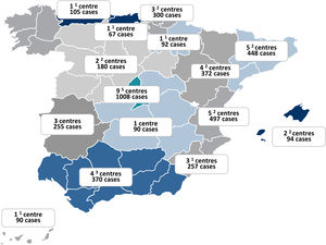 Number of participating centers and number of cases included by Autonomous Communities in Spain in the 2021 audit. The number of centers that also participated in the 2015 audit is indicated as a superindex by autonomous community. Data are presented as Numbers.