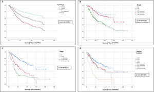 Survival curves for patients with DLCOlow and DLCOnormal according to ADC pattern, tumour grade, tumour stage, tumour pleural invasion.