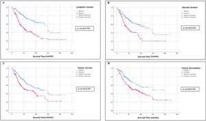 Survival curves for patients with DLCOlow and DLCOnormal according to tumour lymphatic invasion, tumour vascular invasion, tumour necrosis, tumour desmoplasia.