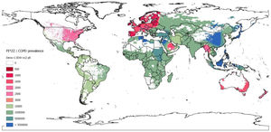 Map of inverse distance weighted interpolation (IDW) showing PI*ZZ/COPD prevalence (1/x) worldwide. The IDW interpolation map is based on the data obtained from 48 countries with available data. Geographic areas without real data were coloured using the Geographic Information Systems (GIS) technology. The colour scale corresponds to the weighted average prevalence of PI*ZZ in the COPD population (1:x) of each country. There is an approximate correspondence between the numerical values and the colours of the scale. Unpopulated or sparsely populated regions (with less than one inhabitant per square kilometre) are shaded white. Abbreviations: dens >1=population density greater than 1; n=number points with known values for IDW interpolation (12 for the current map); p=power parameter (p=8 for the current map).