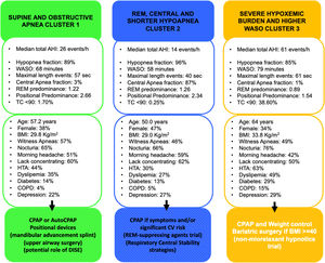 Main sleep complaints, comorbidities, and sleep study results of patients among clusters and their potential implications in OSA management. Abbreviations: AHI, apnea–hypoapnea index; WASO, wake after sleep onset; REM, rapid-eye movement; TC<90%, the mean percentage of sleep time with arterial oxygen saturation measured by pulse-oximetry below 90%; BMI, body mass index; HTA, systemic hypertension; TIA, transient ischemic attack; COPD, chronic obstructive pulmonary disease; CPAP, continuous positive airway pressure; DISE, drug induced sleep endoscopy; CV, cardiovascular.