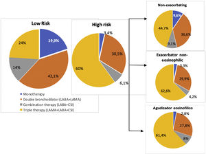Distribution of inhaled therapy according to COPD risk level and phenotype GesEPOC. Footnote: Data are represented as percentages; LABA: long-acting beta-2 agonists; LAMA: long-acting antimuscarinic agents; CSI: inhaled corticosteroids; monotherapy (LAMA or LABA), double bronchodilator therapy (LAMA+LABA); combination therapy (LABA+CSI); triple therapy: LAMA+LABA+CSI.