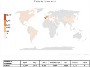 Worldwide distribution of patients and participating centers (heat map figure with the distribution of the first 100,000 patients).
