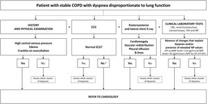 Algorithms for referral from respiratory medicine to cardiology of patients with stable COPD and (a) chest pain (suspected concomitant ischemic heart disease), (b) dyspnea disproportionate to their lung function (suspected concomitant HF), or (c) palpitations (suspected arrhythmia). a In COPD patients with signs of myocardial ischemia on ECG, hs-cTn concentrations>5ng/l have been associated with a 4-fold risk of death; b Take in account any ECG changes; a normal ECG generally rules out a diagnosis of HF; c Hawkins NM, et al. BMC Pulm Med 2017;17(1):1144; d Atrial fibrillation, atrial flutter, atrial tachycardia, intranodal tachycardia; e Especially if they are frequent, coupled with a normal sinus beat (bigeminy trigeminy), doublets, triplets or originate in multiple foci (of different morphology in 1 lead); f Wolff–Parkinson–White Syndrome. AV: atrioventricular; BNP: B-type natriuretic peptide; chest Rx: chest X-ray; COPD: chronic obstructive pulmonary disease; CVD: cardiovascular disease; ECG: electrocardiogram; HF: heart failure; hs-cTn: high-sensitivity cardiac troponin; IHD: ischemic heart disease; NP: natriuretic peptides; NPV: negative predictive value; NT-proBNP: N-terminal fraction of pro-B-type naturietic propeptide; TSH: thyroid-stimulating hormone.