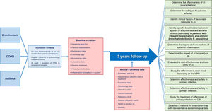 REPAIR summary diagram: patients included, inclusion criteria, baseline data to be collected at the time of inclusion, follow-up data to be collected annually and specific objectives. CBI: chronic bronchial infection; COPD: chronic obstructive pulmonary disease; IA: inhaled antibiotic; PPM: potentially pathogenic microorganisms; QoL: quality of life. * Only in patients included in the sub-study that will be carried out in frequent exacerbating patients with chronic bronchial infection by P. aeruginosa.