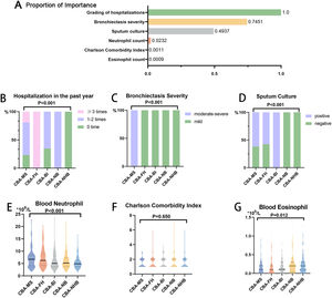 Ranking of the contribution of variables for clustering analysis and the core variables. (A) Importance ranking of the clustering variables. Comparison of the grading of hospitalization in the past year (B), bronchiectasis severity (modified Reiff score category) (C), sputum culture findings (D), blood neutrophil (E), Charlson comorbidity index (F), blood eosinophil (G).