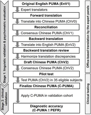 Framework for linguistic and clinical validation. C-PUMA: the finalized version of the Chinese PUMA questionnaire; EnV1: English version 1; ChV0: Chinese version 0, and so forth; PEFR: peak expiratory flow rate.